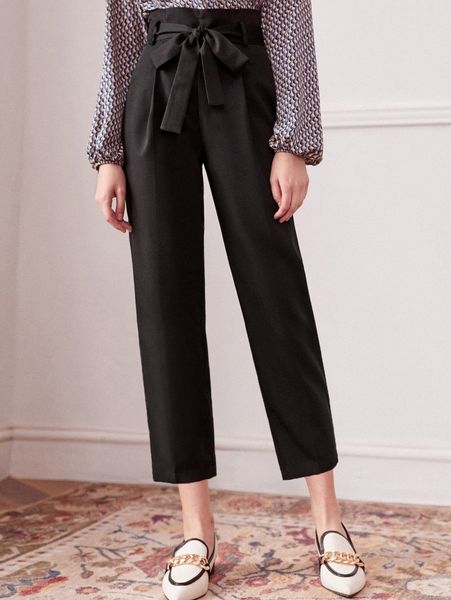 

paperbag waist belted crop pants d3oi#, Black;white