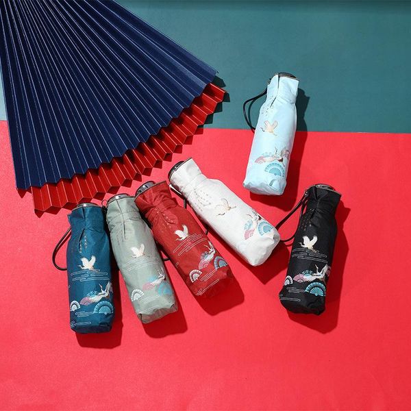 

umbrellas chinese style light 5 fold umbrella black glue anti-uv folding mini girl kids beach women