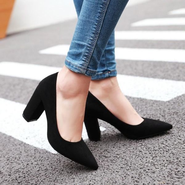 

dress shoes big size 9  11 12 ladies high heels women woman pumps sharp-toed thick-heeled suede shallow-mouthed single shoe, Black