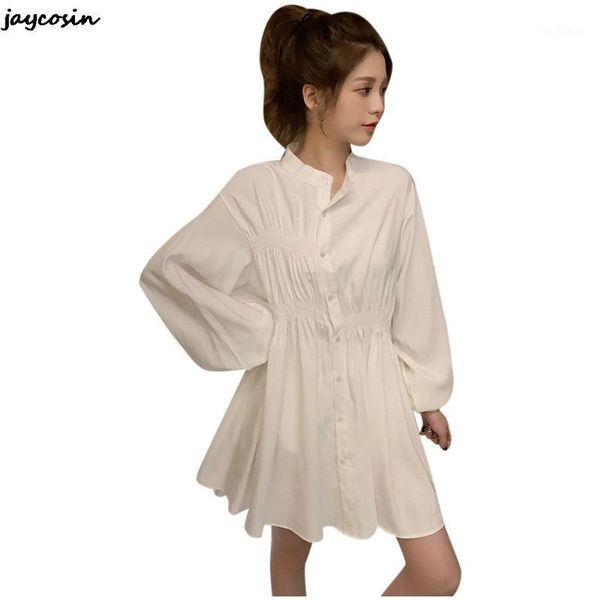

fashion casual women's o-neck long sleeve loose solid color mini dress women pleated button waist dresses, Black;gray