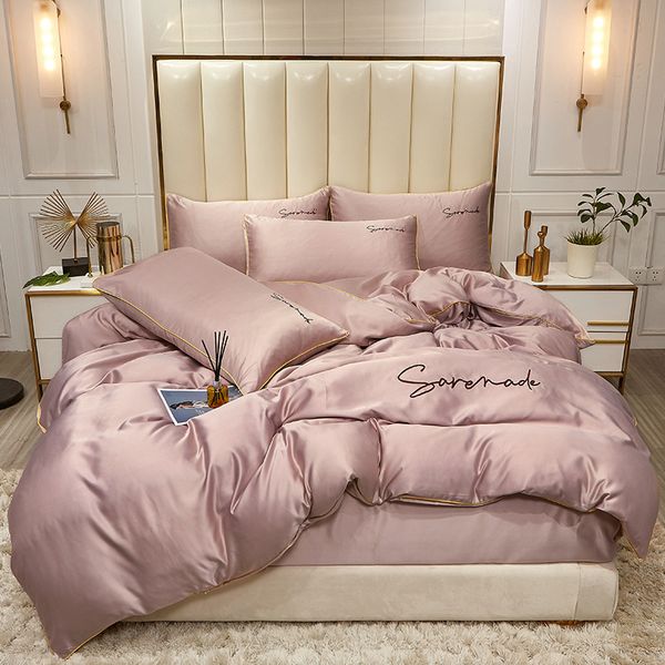 

simple washed cotton four piece set solid color embroidered friendly quilt cover fitted sheet bedding gift group purchase