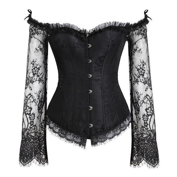 

bustiers & corsets women steampunk corselong sleeve lace corselet up corset and korset for posture party club wedding, Black;white