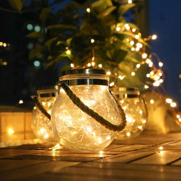 

led solar power crackle ball-shaped mason jar copper wire hanging lights for outdoor patio tree decorfriendly and energy saving