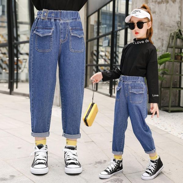 

jeans 2021 autumn baby girls front patch pocket denim pants belt decoration kids children casual trousers, Blue