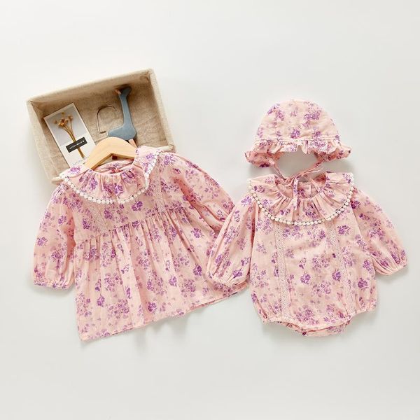 

jumpsuits infant girls autumn spring full sleeve flower ruched outwear sister and me clothes dress bodysuits+hat toddler kids baby 3-24m, Blue