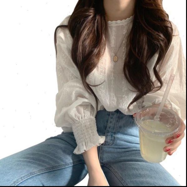 

women shirts sweet chiffon round neck summer solid color lace long sleeved puff sleeve bottoming blouse casual, White