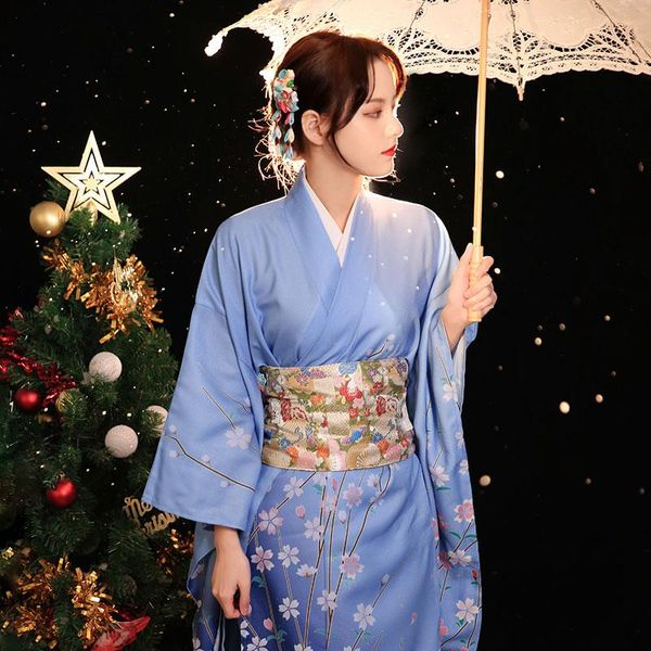 Abbigliamento etnico Kimono tradizionale giapponese da donna Colore blu Stampe floreali Abito yukata formale a maniche lunghe Cosplay