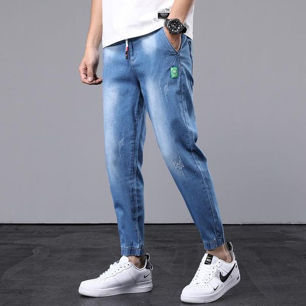 

men's jeans ripped slim feet korean trousers summer 2021 trendy brand, Blue