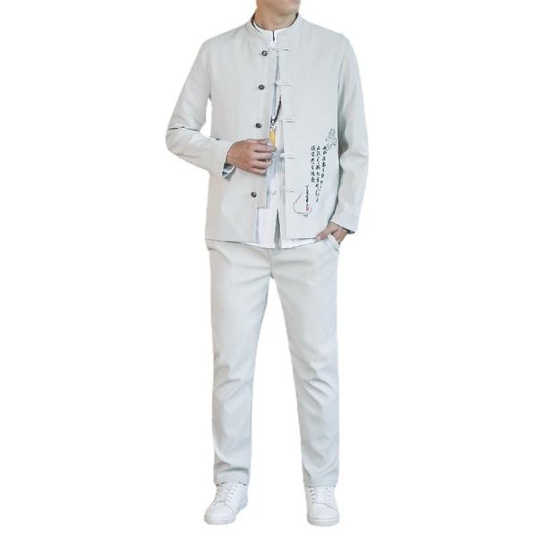 

men's suits & blazers chinese style embroidery suit 2piece 2021 men stand-up collar and trousers fashion groom wedding, White;black