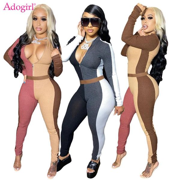 

women's two piece pants adogirl color patchwork ribbed set long sleeve zipper shirt crop pencil fashion tracksuit jogger outfits, White