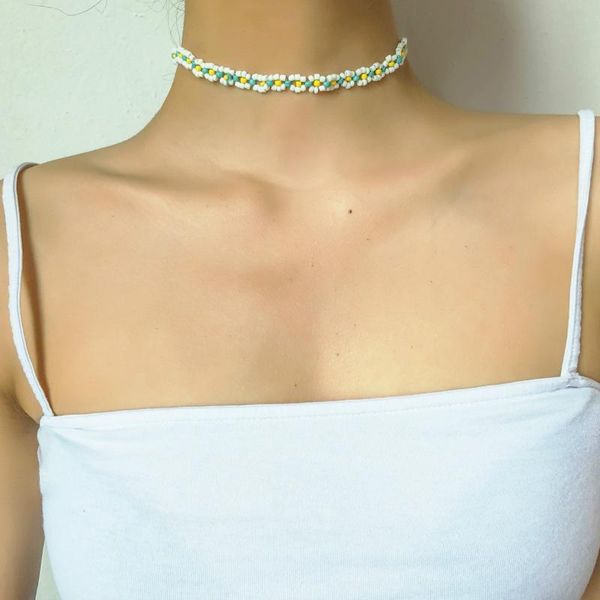 

earrings & necklace bohemian seed bead flower choker statement short collar clavicle chain bracelet ring for women jewelry set, Silver