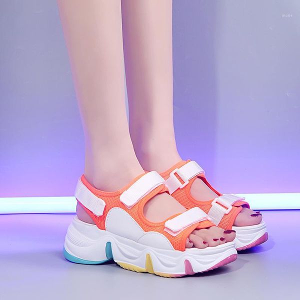 

sandals rainbow sole hollow mesh sport women casual platform wedge shoes summer chunky sandalias mujer 20211, Black