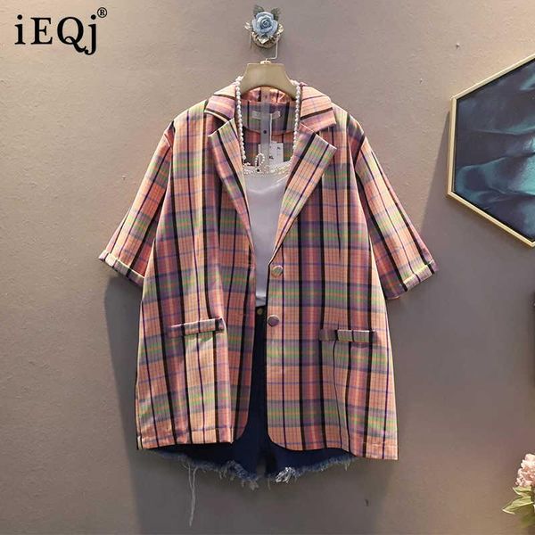 

women's suits & blazers ieqj 2021 summer fashion women clothes three quarter sleeves plaided wide loose short blazer female 3f1100, White;black
