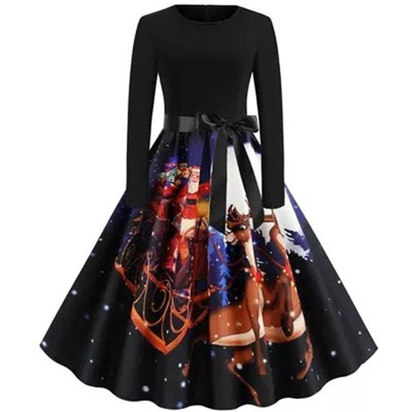 

casual dresses christmas dress women winter printed big swing black vintage long sleeve plus size female xmas party robe, Black;gray