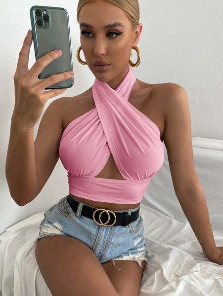 

solid cross crop halter a43r#, White