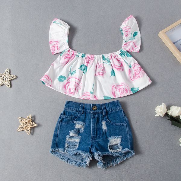 

girls' suit summer girls flower print square neck short ripped jeans two-piece children's clothes 210515, White