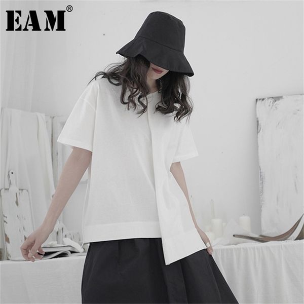 

[eam] women white asymmetrical split joint big size t-shirt new round neck short sleeve fashion tide spring summer 1t120 210330