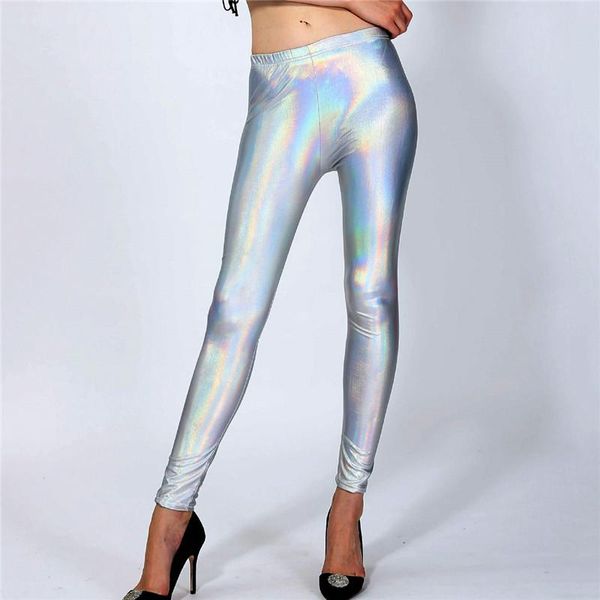 

women's pants & capris laser shiny holographic long women pu faux leather contrast color fashion skinny trousers streetwear chic lady, Black;white
