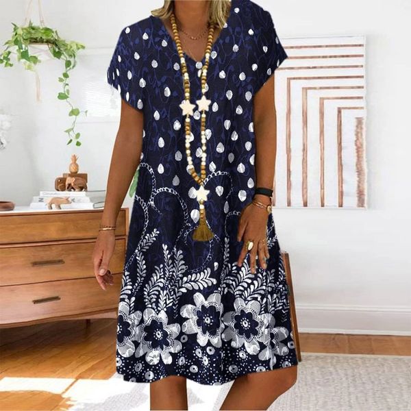 

big size dress women summer dress loose short sleeve flowers printed dresses plus size women clothing dress, Black;gray