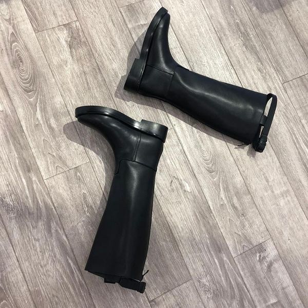 

boots long genuine leather platform women autumn winter knight fashion thick heel military knee high botas warm shoes, Black