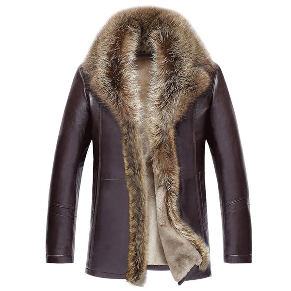 

mens leather jacket lambs wool genuine leather jacket male thick raccoon fur collar jaqueta couro masculino plus size mz1105, Black