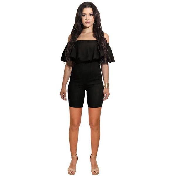 

women's jumpsuits & rompers european slim solid one-piece pants fashion nightclub ruffle off shoulder short sleeve shorts, Black;white