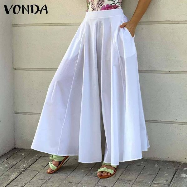 

women's pants & capris summer pleated long vonda 2021 women wide leg palazzo pantalon femme loose solid trousers oversized bottoms, Black;white