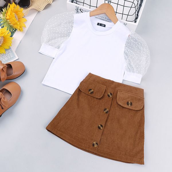 

children's clothing summer girl's set net gauze bubble short sleeve with skirt two-piece girl clothes suit 210515, White