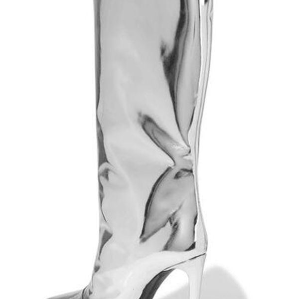 

designer silver mirror leather toe boots pointed thin heels mid calf night boot club women's winter woman shoes, Black