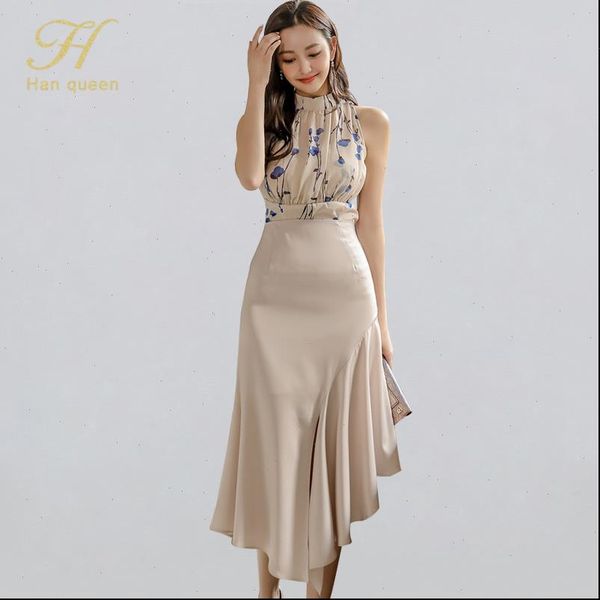 

women tracksuits 2 pieces set summer print shirts blouses and high waist split ruffles skirts korean chic office lady suit, Gray
