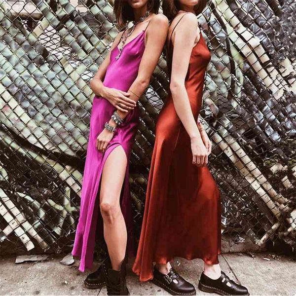 

high street satin dress summer women spaghetti strap v neck slit backless long maxi party club vestidos 210519, Black;gray