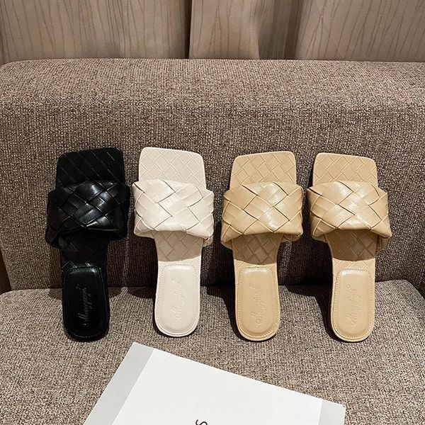 

sandals leather knitted flat women solid color plaid bottom slippers ladies comfy beach slides shoes big size 42 43, Black