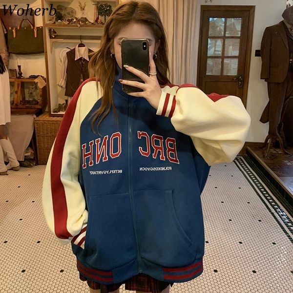 

women's jackets woherb baseball jacket women spring and autumn korean fashion loose contrast color letter print coat 2021 streetwear, Black;brown