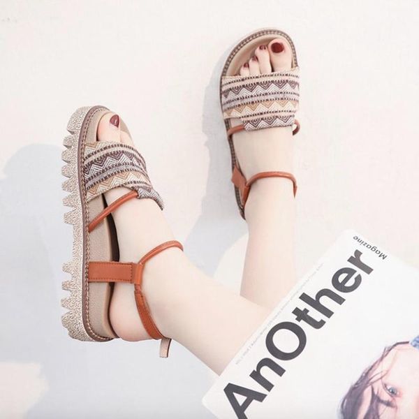 

sandals women's 2021 summer fashion canvas shoes breathable platform buckle non-slip thick heel woman, Black