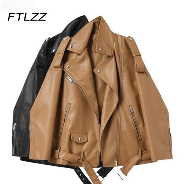 

woman motorcycles leather jacket fall loose drop shoulder brown faux coat ladies zipper with belt streetwear outwear 210602, Black