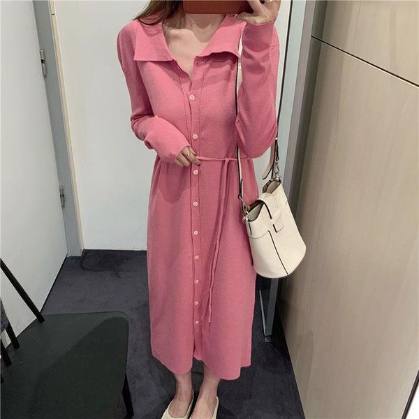 

casual dresses women 2021 autumn winter knitted solid female long sleeve sweater dress turn-down collar button slim vestidos g629, Black;gray