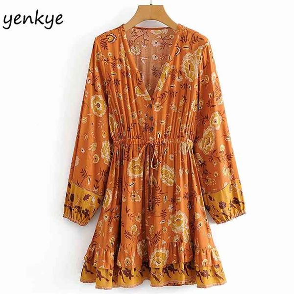 

holiday summer dress women v neck long sleeve vintage floral print drawstring waist a-line mini casual plus size 210514, Black;gray