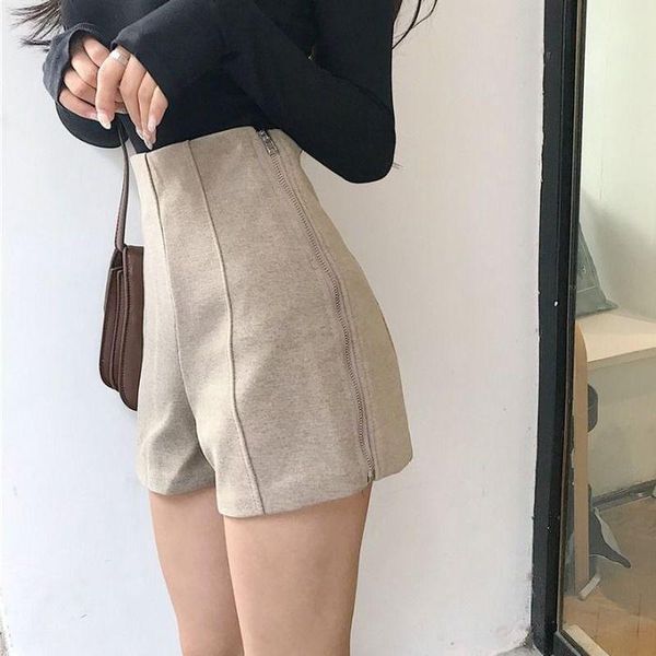 

gym clothing high waist woolen shorts women autumn winter all-match casual korean chic side zipper black shaping, White;black