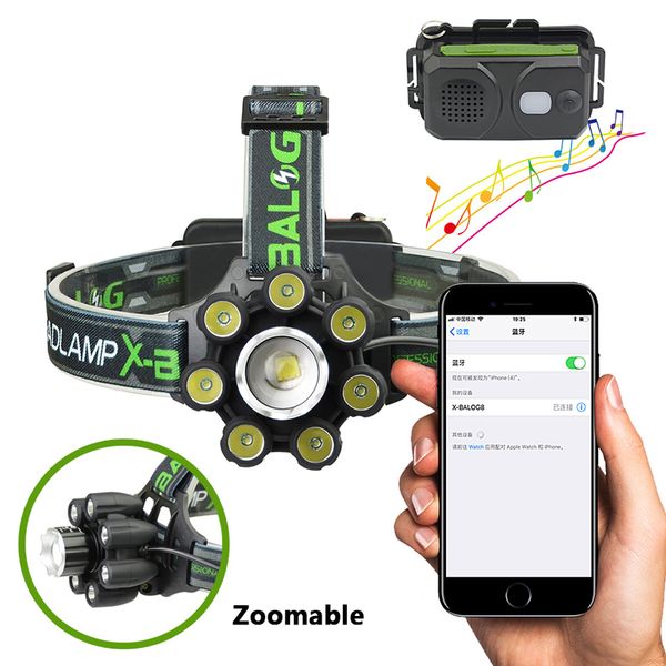 

smart led headlamp bluetooth speaker xm-l t6 headlight 8000 lumen zoom usb reachargeable 18650 battery head flashlight lamp