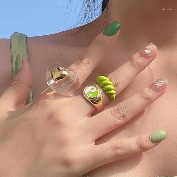 Anéis de cluster 3 pçs / conjunto bonito verde adorável coração anel conjunto para feminino na moda y2k yin yang tai chi resina acrílico esmalte casal jóias 2022