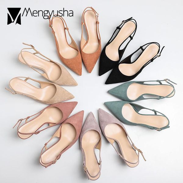 

dress shoes ol office pointed toe slingback shallow flock pumps women sandals cut out buckle strap cover thin high heels women2021, Black