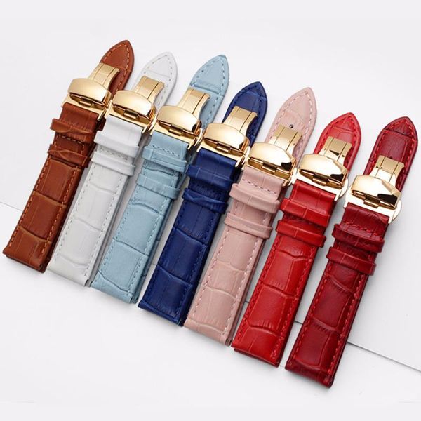 

watch bands watchband genuine leather 16mm 18mm 19mm 20mm 21mm 22mm strap with gold butterfly deployment clasp, Black;brown