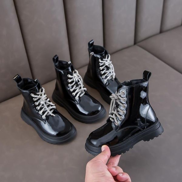 

boots winter girls casual short patent leather princess children shoes, Black;grey