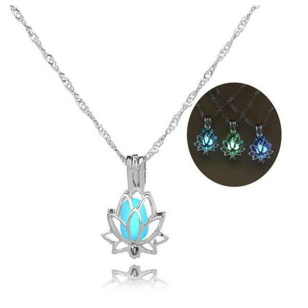 

pendant necklaces gothic luminous glowing in the dark moon lotus flower shaped necklace for women yoga prayer buddhism jewelry gift bijoux, Silver