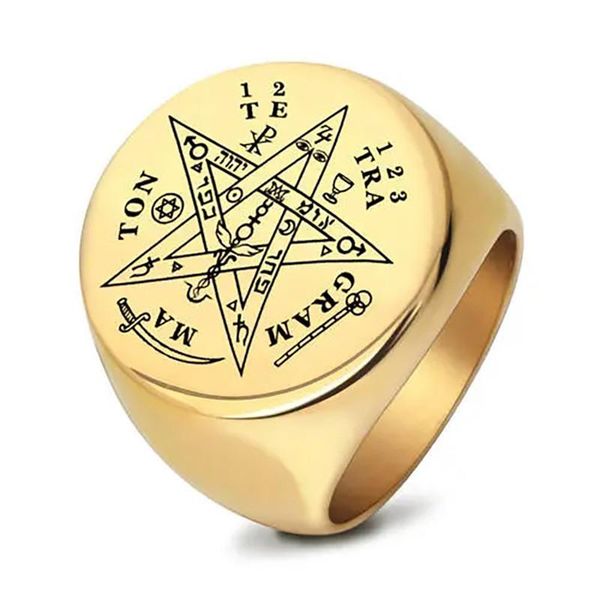

cluster rings modyle 2021 fashion punk vintage gold silver color stainless steel pentagram signet letter ring for men, Golden;silver