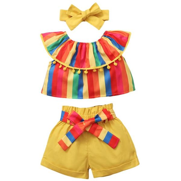 

clothing sets 2021 summer baby girls set strip + bowknot shorts+headband 3pcs childrens outfits 0-3years, White