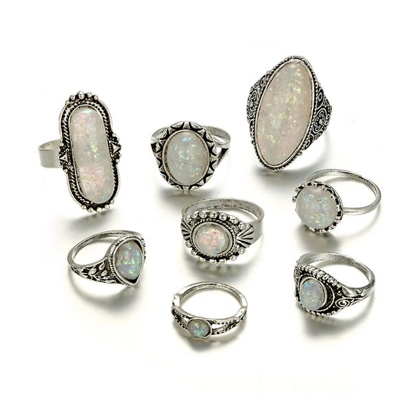 

tocona 8pcs/set vintage antique silver color rings sets colorful opal stone carve for women men bohemian jewelry anillos 6421