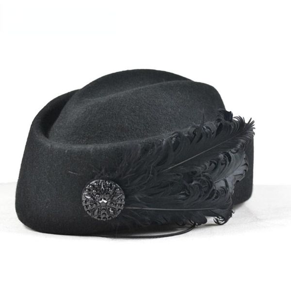 

berets elegant wool feather bow airline stewardess white women's fedora caps formal lady hat royal style dome chapeu beret, Blue;gray