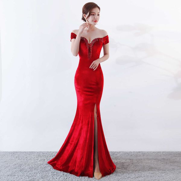 

luxury party evening dress 1006# banquet evening female sense annual meeting host fishtail skirt long veet slim fit dignified atmosphere, White;pink
