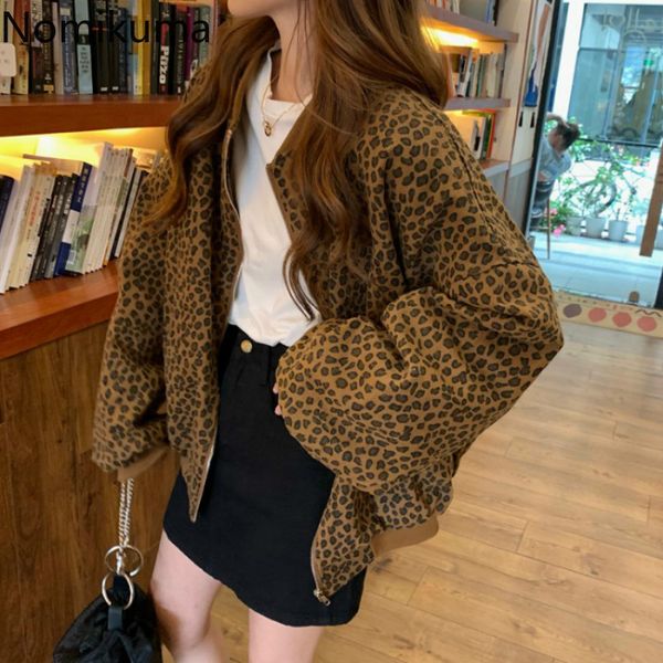 

nomikuma streetwear vintage leopard jackets women zip-up long sleeve casual loose autumn coats female korean style 3d550 210514, Black;brown